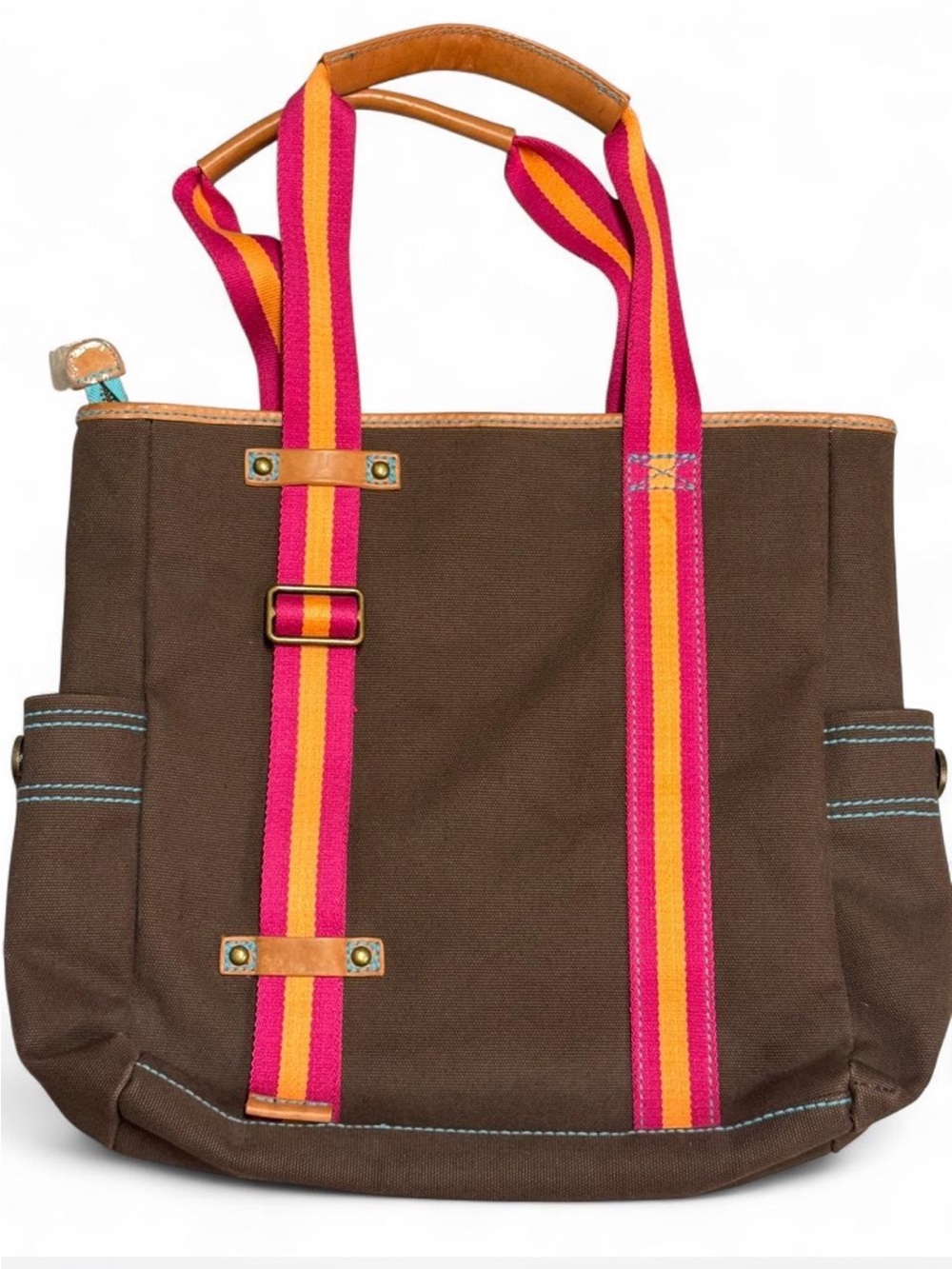 Vintage Y2K GAP 1969 Brown Canvas Tote with Pink and Orange Striped Handles
